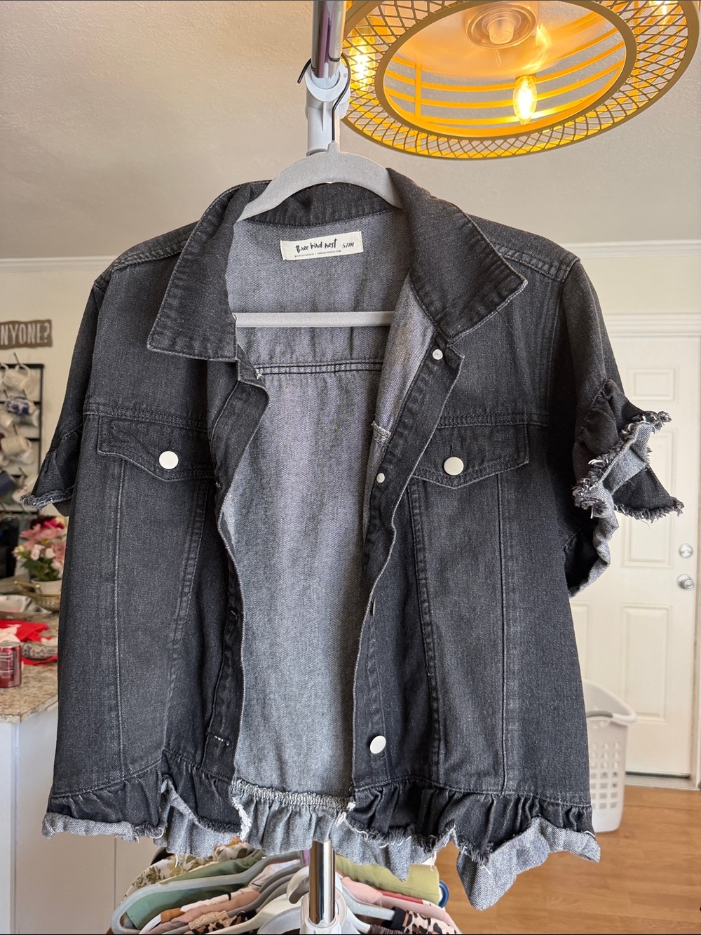 Three Bird Nest Black Washed Ruffle-Hem Short Sleeve Denim Jacket